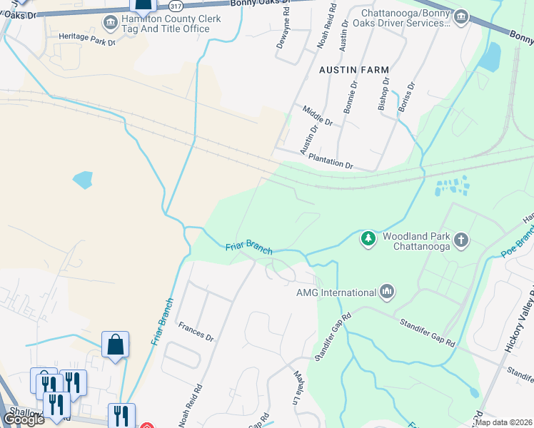 map of restaurants, bars, coffee shops, grocery stores, and more near 7450 Noah Reid Road in Chattanooga