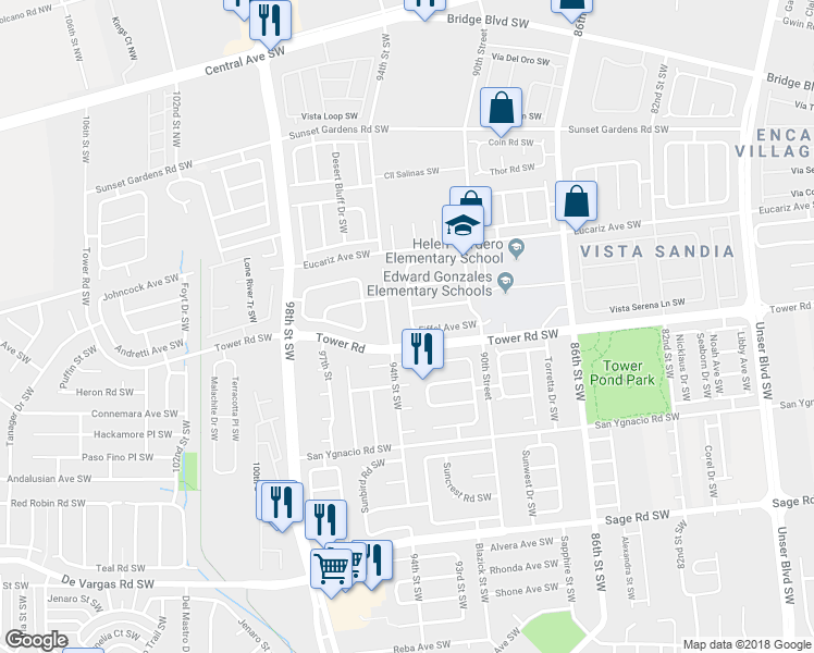 map of restaurants, bars, coffee shops, grocery stores, and more near 551 Sky Tower Street Southwest in Albuquerque