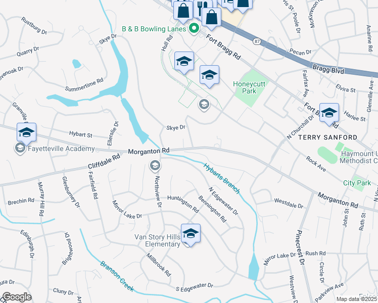map of restaurants, bars, coffee shops, grocery stores, and more near 2661 Morganton Road in Fayetteville