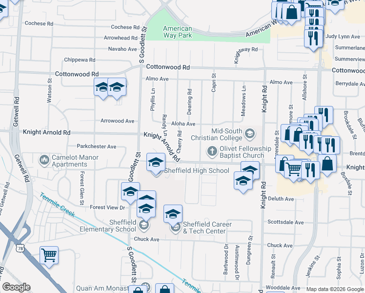 map of restaurants, bars, coffee shops, grocery stores, and more near 3108 Cherry Road in Memphis