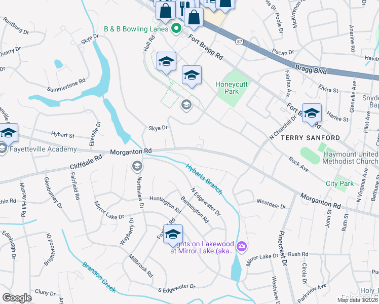 map of restaurants, bars, coffee shops, grocery stores, and more near 2615 Morganton Road in Fayetteville