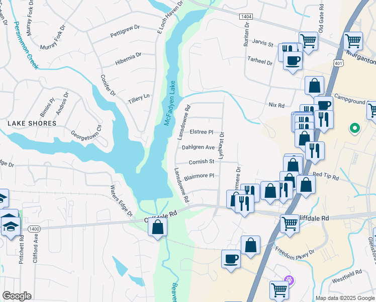 map of restaurants, bars, coffee shops, grocery stores, and more near 6029 Dahlgren Avenue in Fayetteville