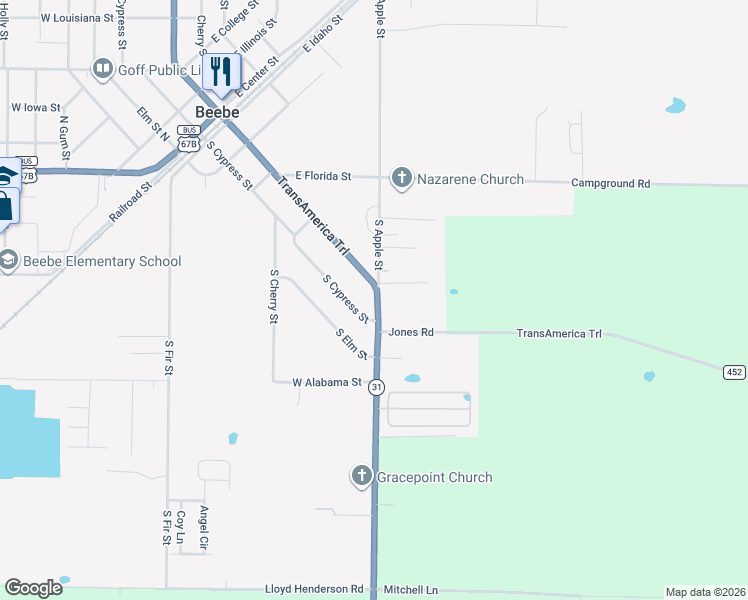 map of restaurants, bars, coffee shops, grocery stores, and more near 514 South Main Street in Beebe