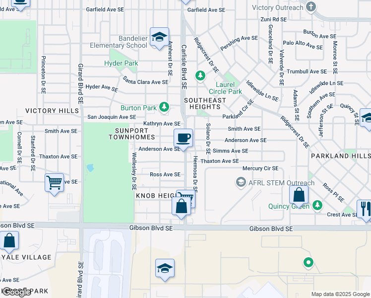 map of restaurants, bars, coffee shops, grocery stores, and more near Carlisle Blvd SE & Anderson Ave SE in Albuquerque