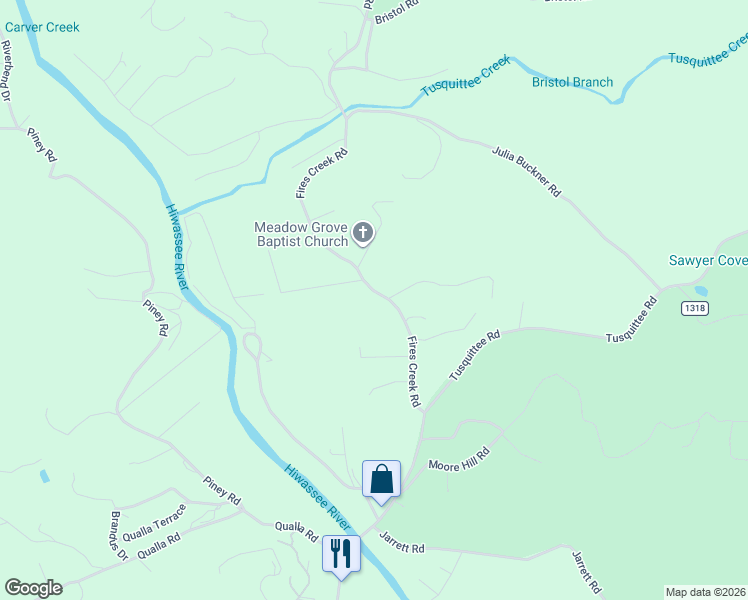map of restaurants, bars, coffee shops, grocery stores, and more near 337 Fires Creek Road in Hayesville