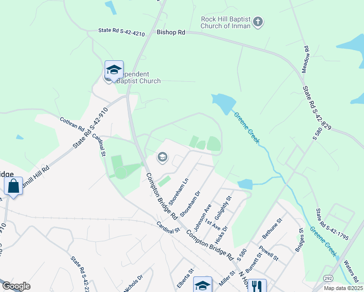 map of restaurants, bars, coffee shops, grocery stores, and more near 1420 Compton Bridge Road in Inman
