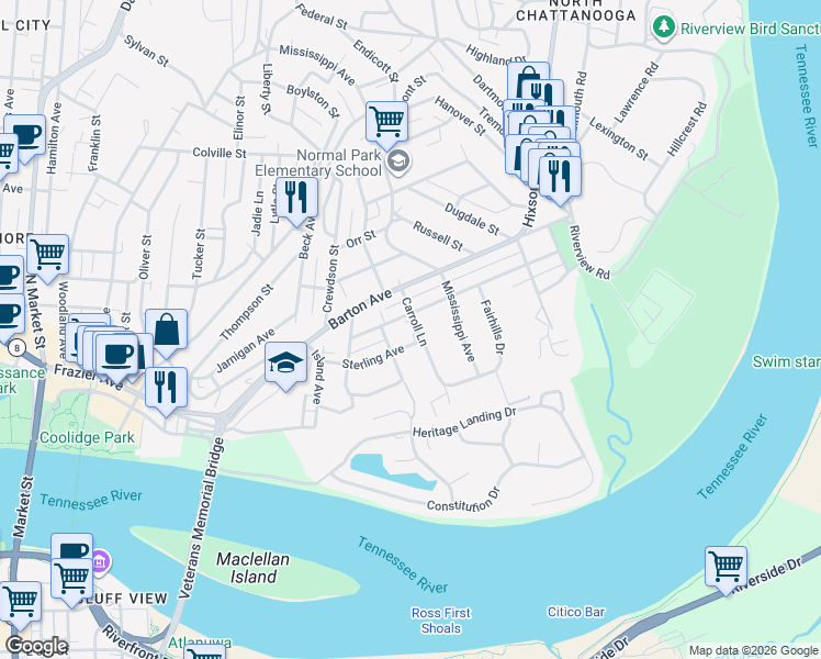 map of restaurants, bars, coffee shops, grocery stores, and more near 1510 Carroll Lane in Chattanooga