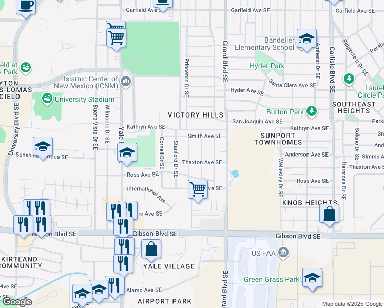 map of restaurants, bars, coffee shops, grocery stores, and more near 1631 Princeton Drive Southeast in Albuquerque