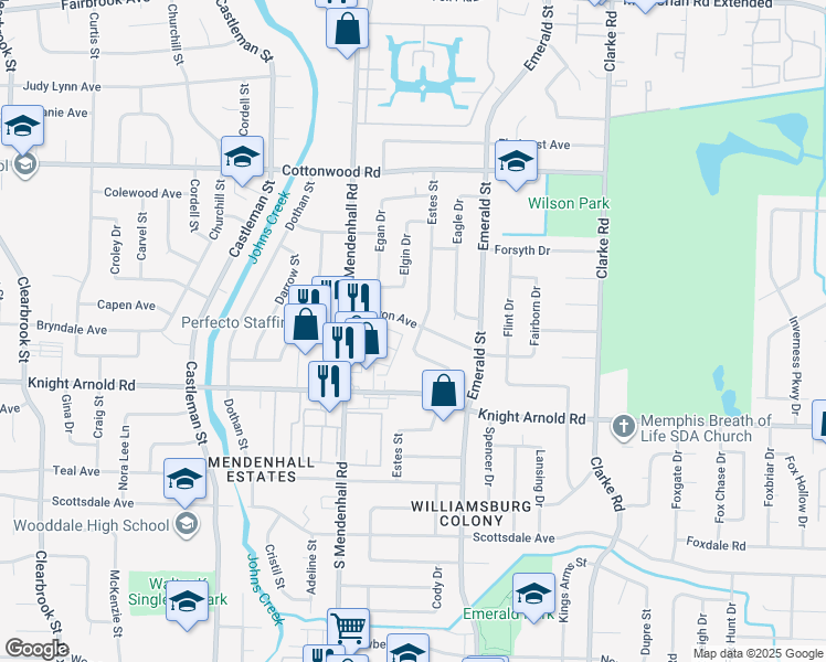 map of restaurants, bars, coffee shops, grocery stores, and more near 3111 Estes Street in Memphis