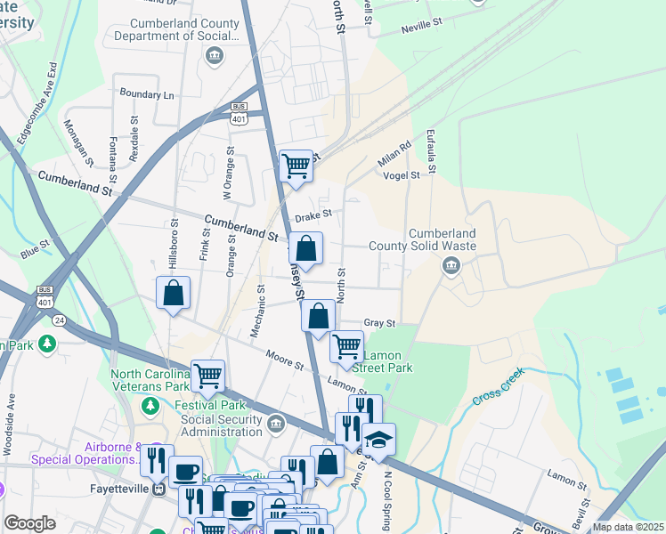 map of restaurants, bars, coffee shops, grocery stores, and more near 713 North Street in Fayetteville
