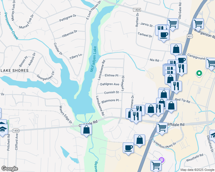 map of restaurants, bars, coffee shops, grocery stores, and more near 6029 Dahlgren Avenue in Fayetteville