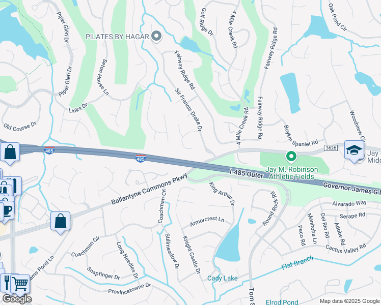 map of restaurants, bars, coffee shops, grocery stores, and more near 6942 Curlee Court in Charlotte