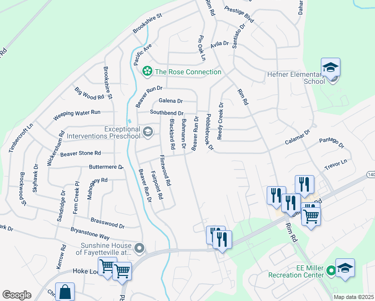map of restaurants, bars, coffee shops, grocery stores, and more near 7137 Beaver Run Drive in Fayetteville