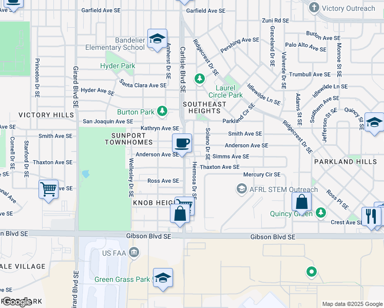map of restaurants, bars, coffee shops, grocery stores, and more near 1025 Hermosa Drive Southeast in Albuquerque