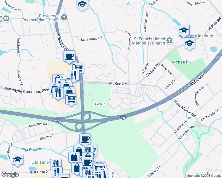 map of restaurants, bars, coffee shops, grocery stores, and more near 10928 Alderbrook Lane in Charlotte