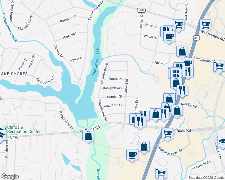 map of restaurants, bars, coffee shops, grocery stores, and more near 6025 Dahlgren Avenue in Fayetteville