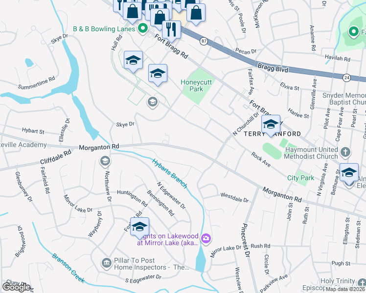 map of restaurants, bars, coffee shops, grocery stores, and more near 2508 Morganton Road in Fayetteville