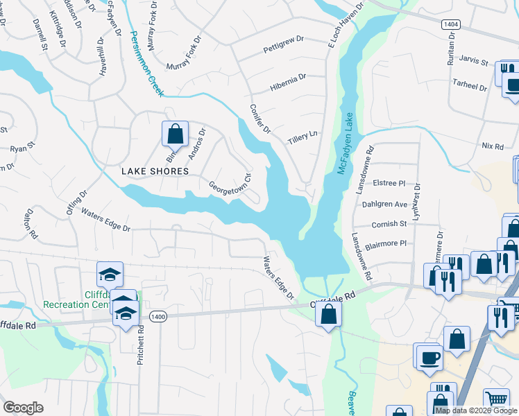 map of restaurants, bars, coffee shops, grocery stores, and more near 3326 Harbour Pointe Place in Fayetteville