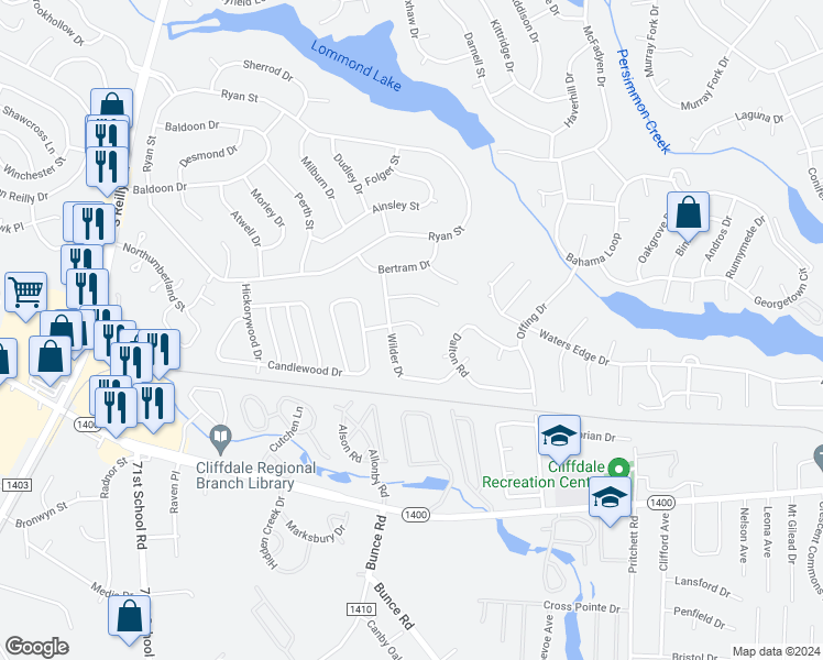 map of restaurants, bars, coffee shops, grocery stores, and more near 6019 Bartlett Court in Fayetteville