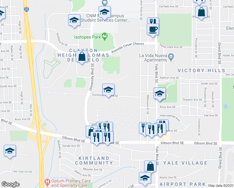 map of restaurants, bars, coffee shops, grocery stores, and more near 1801 Sunshine Terrace Southeast in Albuquerque