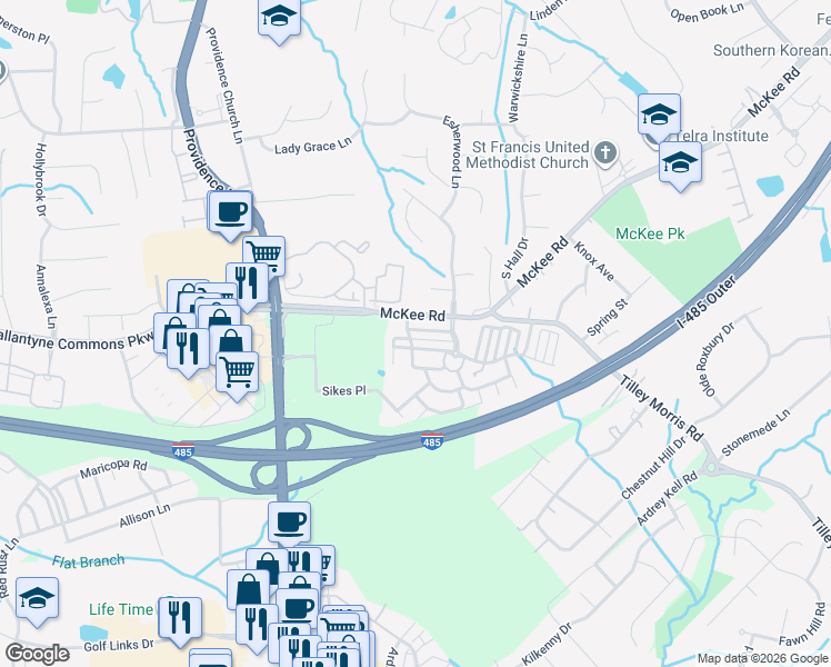 map of restaurants, bars, coffee shops, grocery stores, and more near 4739 Page Mill Lane in Charlotte