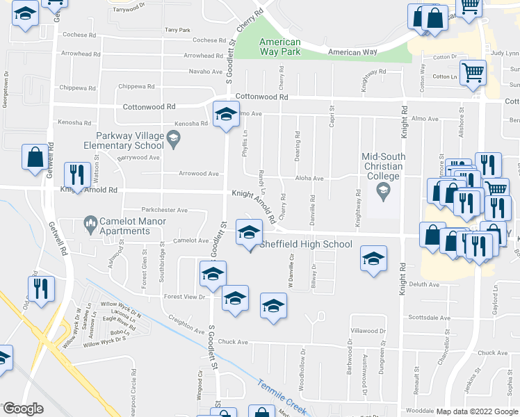 map of restaurants, bars, coffee shops, grocery stores, and more near 4331 Knight Arnold Road in Memphis