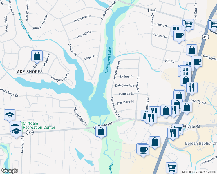 map of restaurants, bars, coffee shops, grocery stores, and more near 402 Lansdowne Road in Fayetteville