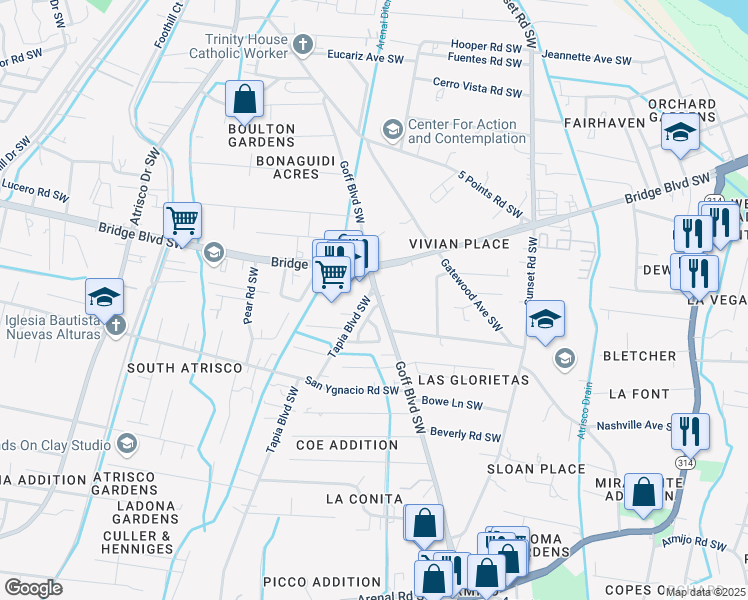 map of restaurants, bars, coffee shops, grocery stores, and more near 1001 Rigel Street Southwest in Albuquerque