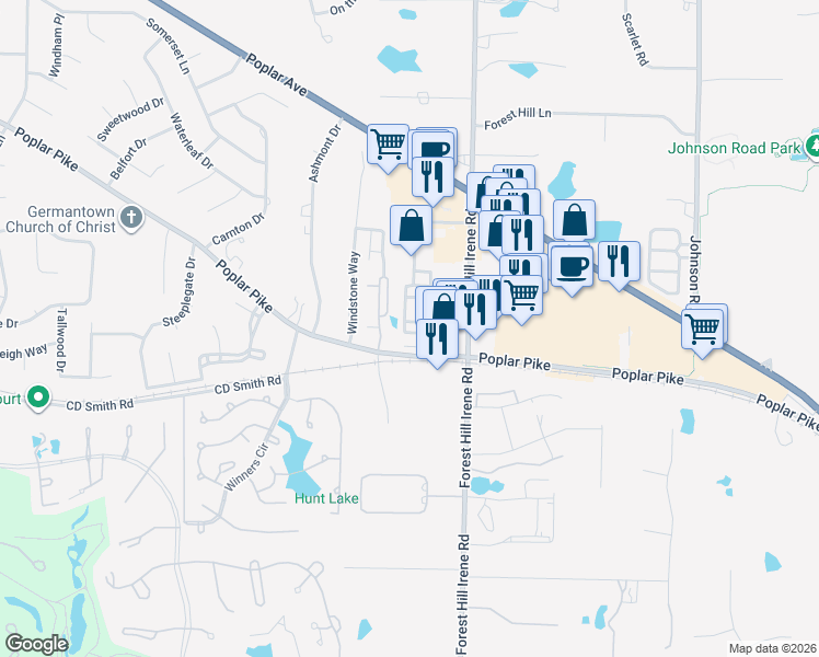 map of restaurants, bars, coffee shops, grocery stores, and more near 9030 Poplar Pike in Germantown
