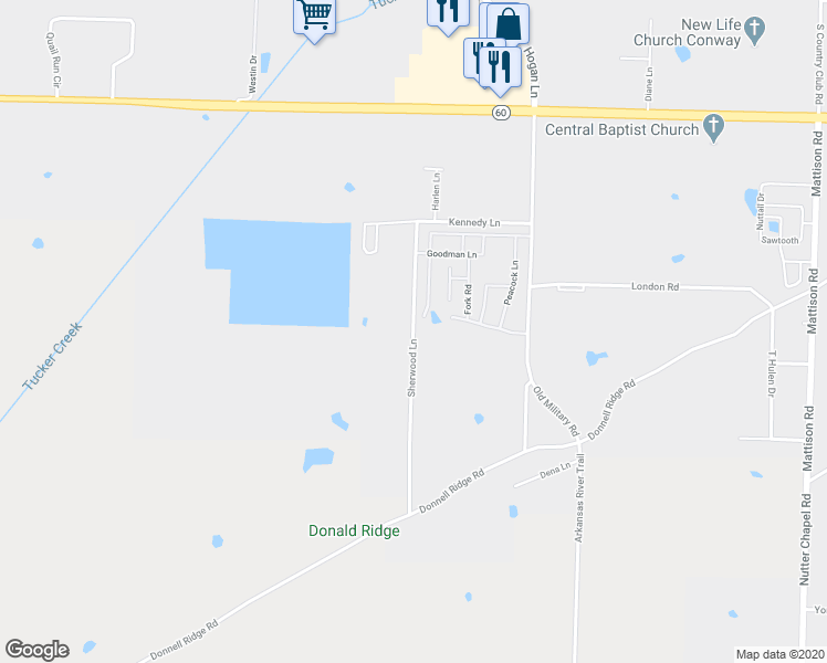 map of restaurants, bars, coffee shops, grocery stores, and more near 1136 Sherwood Lane in Conway