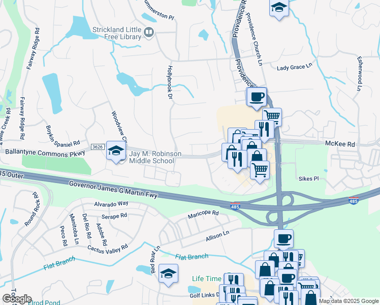 map of restaurants, bars, coffee shops, grocery stores, and more near 5530 Ballantyne Commons Parkway in Charlotte