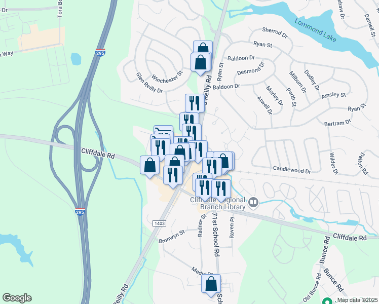 map of restaurants, bars, coffee shops, grocery stores, and more near 660 South Reilly Road in Fayetteville