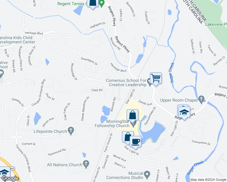 map of restaurants, bars, coffee shops, grocery stores, and more near 211 Heritage Parkway in Fort Mill