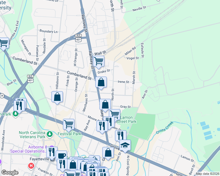 map of restaurants, bars, coffee shops, grocery stores, and more near 713 North Street in Fayetteville