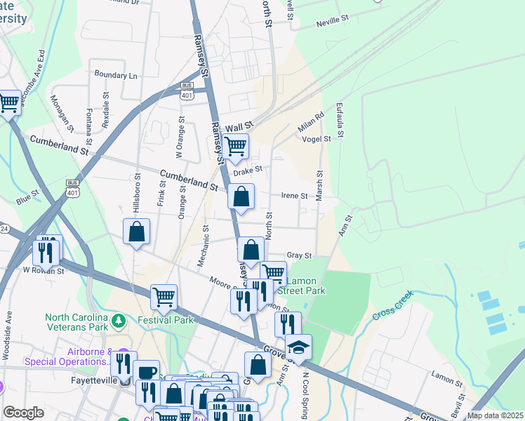 map of restaurants, bars, coffee shops, grocery stores, and more near 719 North Street in Fayetteville