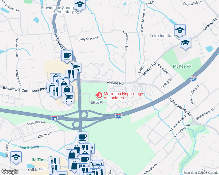 map of restaurants, bars, coffee shops, grocery stores, and more near 10924 Alderbrook Lane in Charlotte