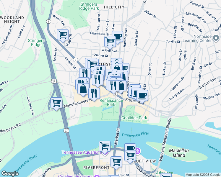 map of restaurants, bars, coffee shops, grocery stores, and more near 125 Cherokee Boulevard in Chattanooga