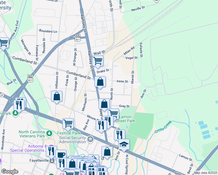 map of restaurants, bars, coffee shops, grocery stores, and more near 713 North Street in Fayetteville
