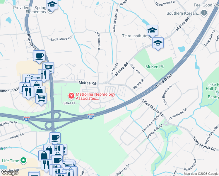map of restaurants, bars, coffee shops, grocery stores, and more near 10703 Yellow Tail Court in Charlotte