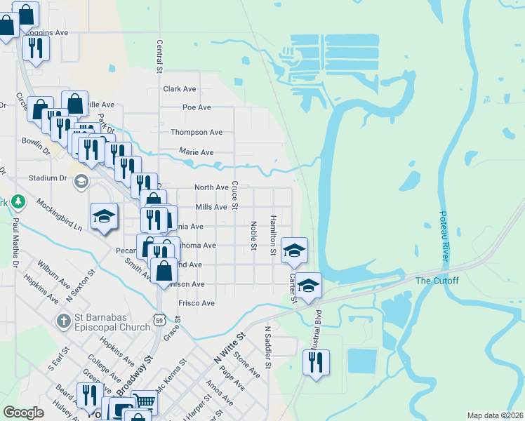 map of restaurants, bars, coffee shops, grocery stores, and more near 610 Noble Street in Poteau