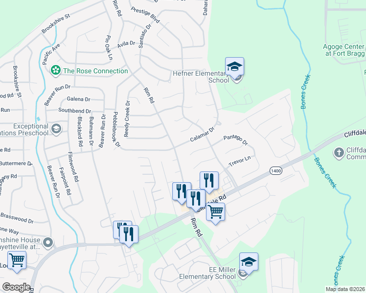 map of restaurants, bars, coffee shops, grocery stores, and more near 7129 Calamar Drive in Fayetteville