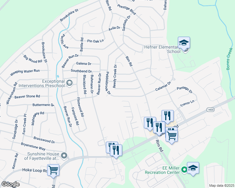 map of restaurants, bars, coffee shops, grocery stores, and more near 7248 Pebblebrook Drive in Fayetteville