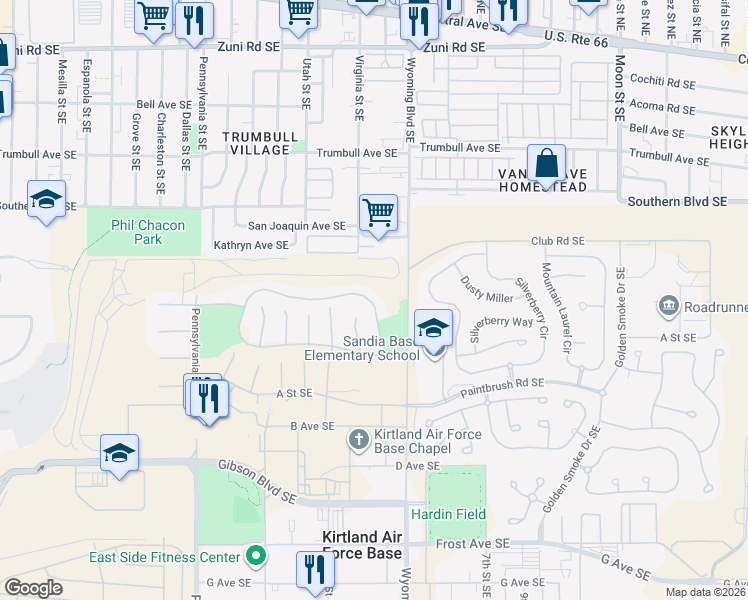 map of restaurants, bars, coffee shops, grocery stores, and more near 3049-3059 West Sandia Circle Southeast in Bernalillo County