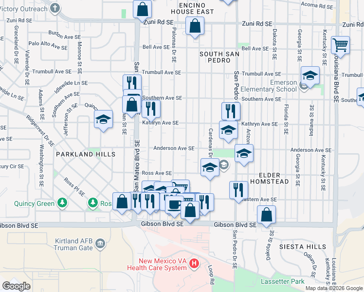 map of restaurants, bars, coffee shops, grocery stores, and more near 1038 Palomas Drive Southeast in Albuquerque