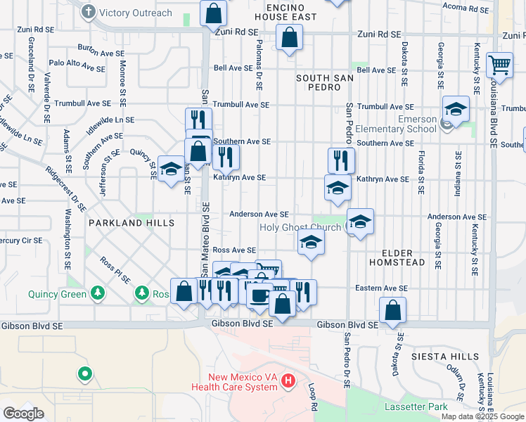 map of restaurants, bars, coffee shops, grocery stores, and more near 1038 Palomas Drive Southeast in Albuquerque