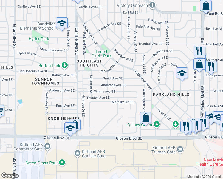 map of restaurants, bars, coffee shops, grocery stores, and more near 3917 Simms Avenue Southeast in Albuquerque