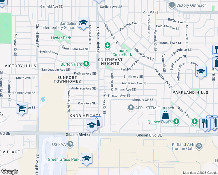 map of restaurants, bars, coffee shops, grocery stores, and more near 1025 Hermosa Drive Southeast in Albuquerque