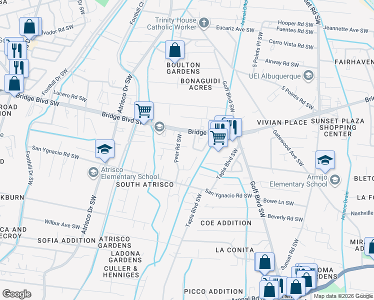 map of restaurants, bars, coffee shops, grocery stores, and more near 1900 Shari Vista Road Southwest in Albuquerque