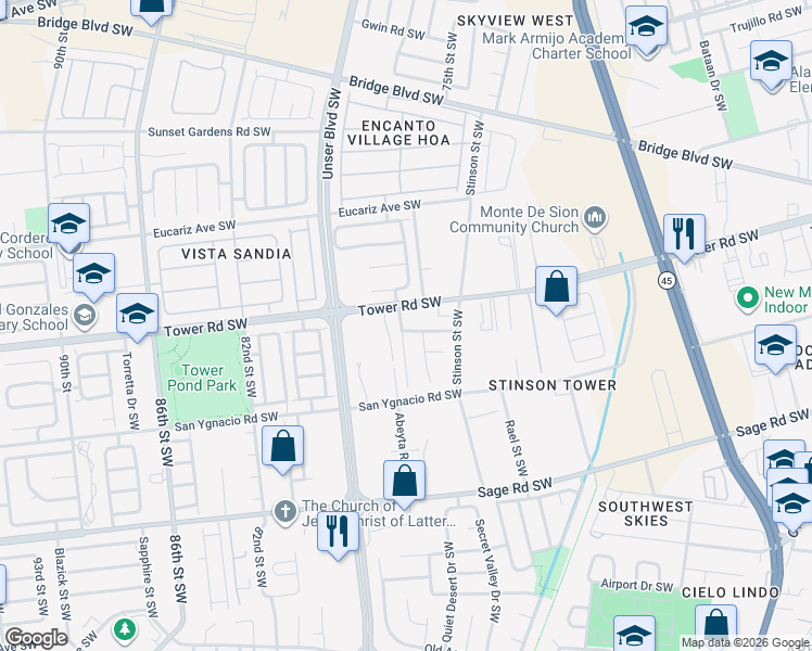 map of restaurants, bars, coffee shops, grocery stores, and more near 7519 Sombrillo Avenue Southwest in Albuquerque