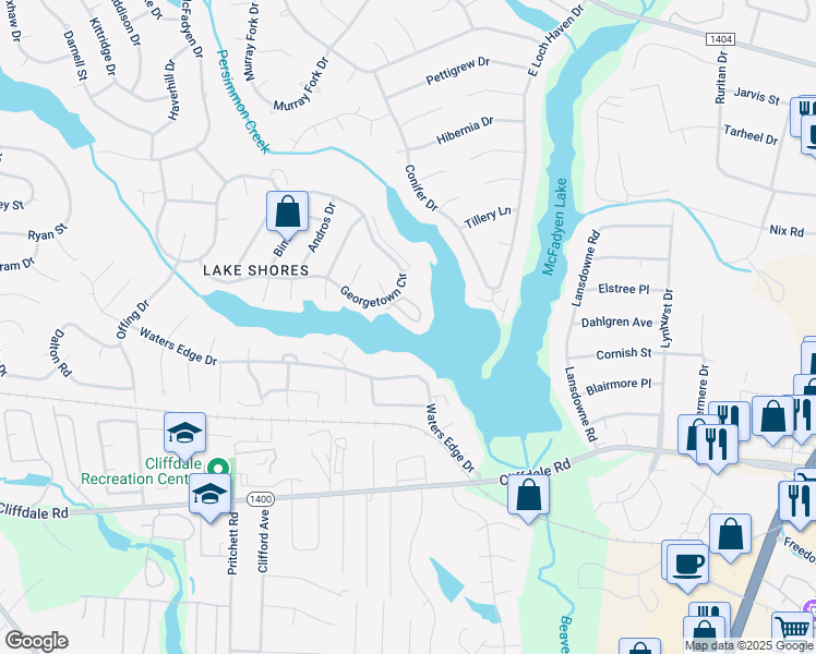 map of restaurants, bars, coffee shops, grocery stores, and more near 3326 Harbour Pointe Place in Fayetteville